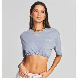SER.O.YA Cazzie Top Short Sleeve Gathered Hem Crop Tee NWT Country Blue Large